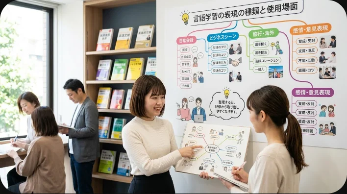 英語の決まり文句を種類ごとにカードで整理する日本人学習者