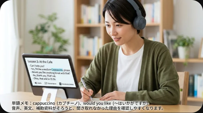 音声プレーヤー、短い英文、辞書、学習記録用ノートを並べた英語ニュース学習環境