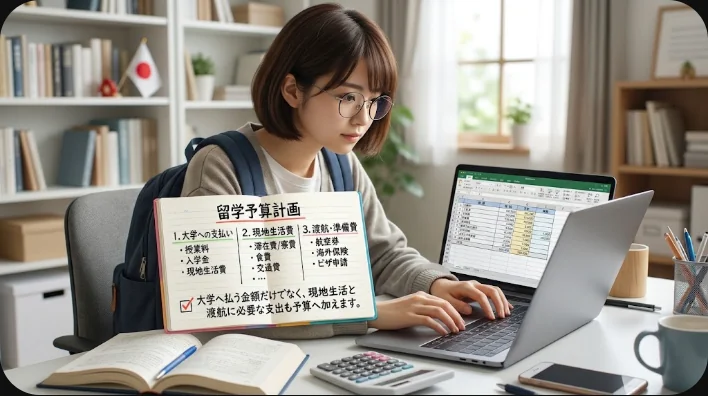 授業料、教科書、寮の鍵、保険、渡航費を示す品物が机に並んでいる様子