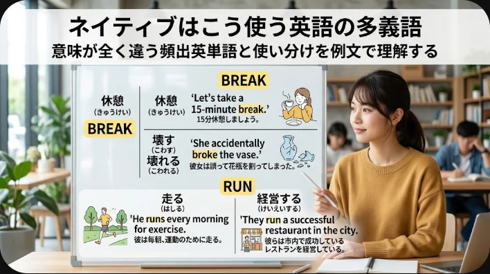開かれた英語辞書とノート、色とりどりの付箋が並ぶ明るい学習机
