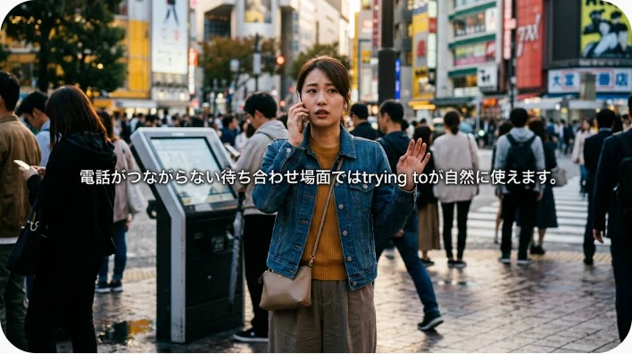 書店の前でスマートフォンを確認しながら待ち合わせ相手を探す成人学習者