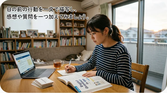 水中を泳ぐペンギンを見ながら英語で会話する日本人学習者と友人