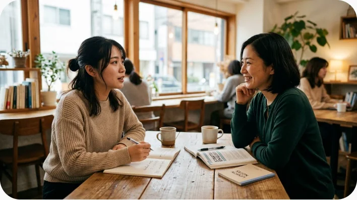 静かな公園で落ち込んだ友達の話を注意深く聞いている英語学習者
