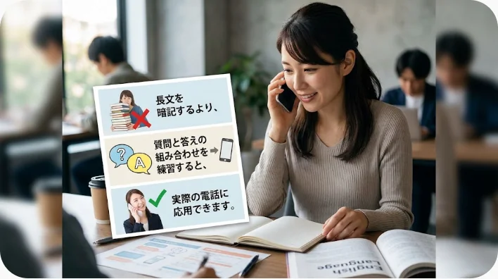 旅行者とレストラン店員が電話で英語の予約内容を確認している場面