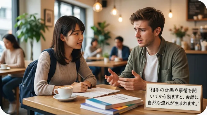 資格試験の教材を前に励まし合う英会話を練習する成人学習者二人