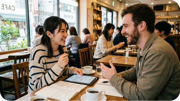 日本人の英語学習者と英語話者の同僚がカフェで今後の旅行や再会について会話している様子