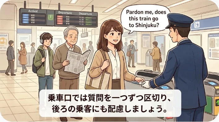 日本人旅行者が海外の市バス入口で運転手にカード払いについて尋ねている様子