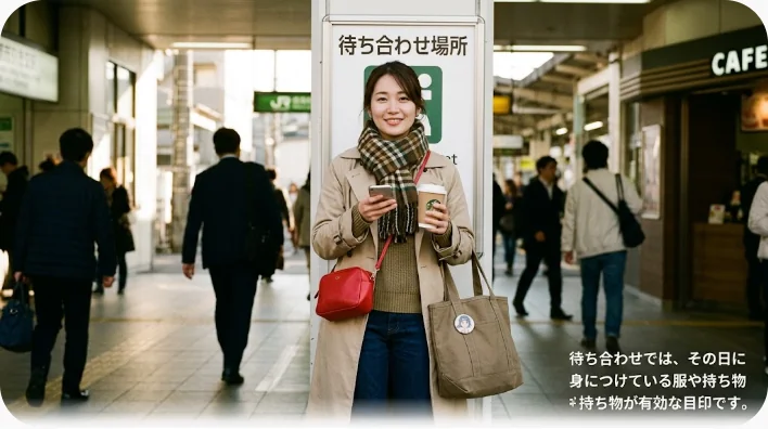 国際的な駅で学習者が待ち合わせ相手の目印を英語で尋ねている様子