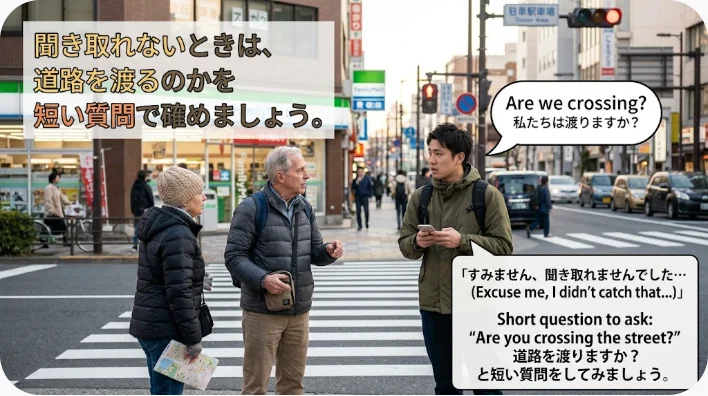 駅の近くで日本人旅行者が地元の人に道を尋ね、道路の真向かいに薬局が見える場面