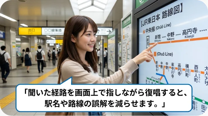 鉄道ホームで旅行者と駅員がスマートフォンの経路図を見ながら乗り換えを確認する様子