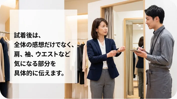 試着したジャケットのサイズを確認しながら店員から別サイズを受け取る英語学習者