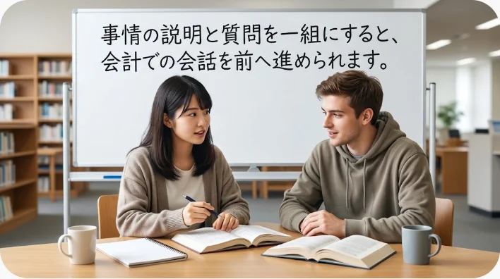 クレジットカードを家に忘れた学習者が店員にスマートフォン決済について尋ねている様子