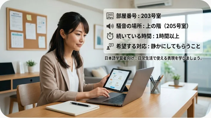 夜のホテル客室から旅行者がフロントへ問題を電話で伝えている様子