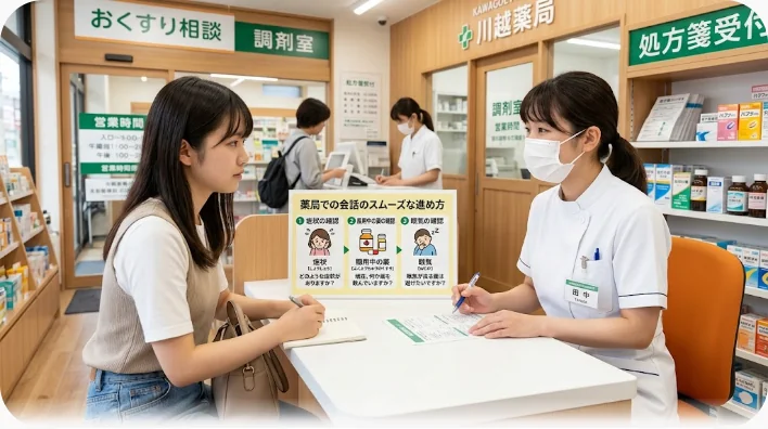 薬局のカウンターで花粉症の鼻水と目のかゆみを薬剤師に相談する学習者