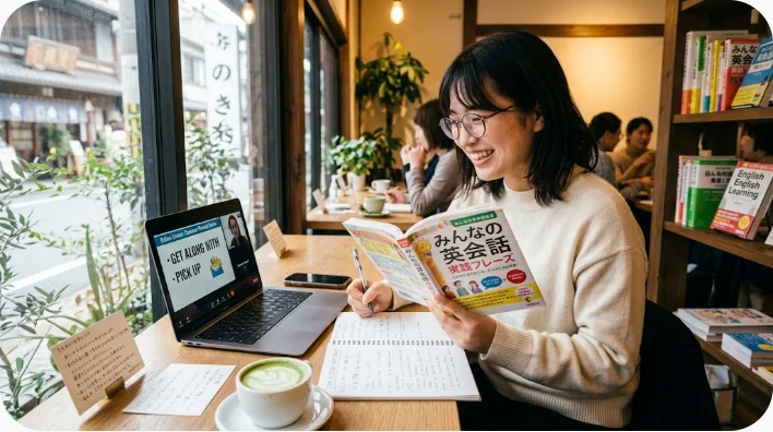 日本人の成人学習者と英語話者がビデオ通話で買い物やニュースについて話している場面