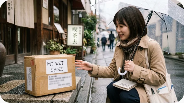 洗面台で袖を濡らした子どもを保護者が手伝い、近くで濡れた傘を傘立てに入れている画像