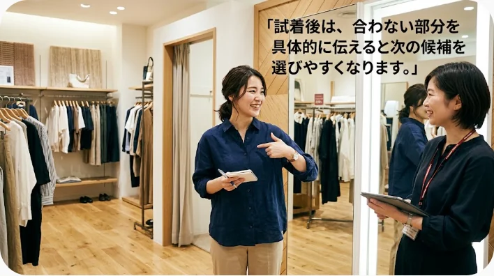 試着したジャケットの肩周りを鏡で確認し、店員に別サイズを頼む場面