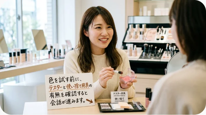 化粧品カウンターで学習者が店員に二色の口紅の試用を依頼している場面