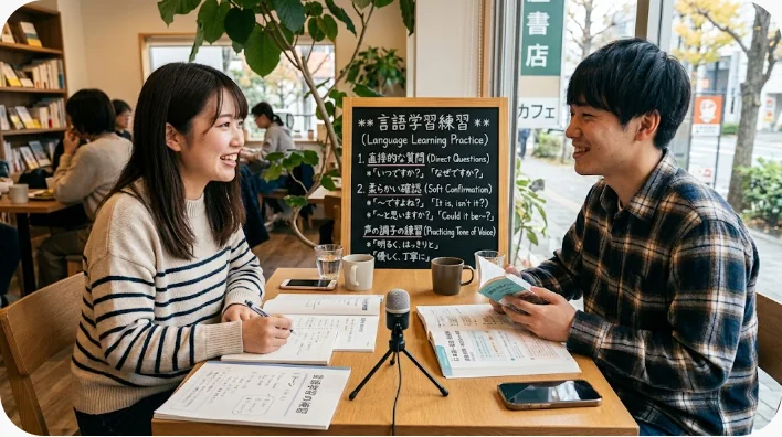 浮気に関する繊細な英会話を友人役と学習者役に分かれて練習する成人二人