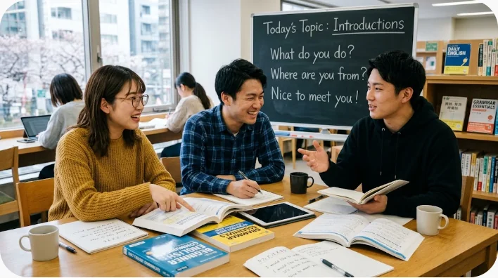 集合写真の人物を位置や服装で確認しながら英語で話す日本人学習者と英語話者