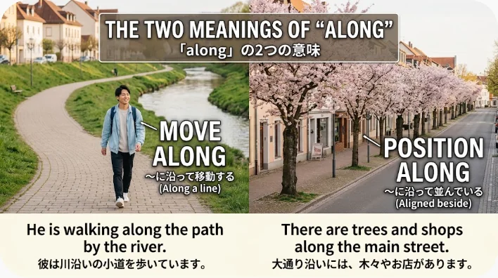 桜並木と屋台のある通りに沿って歩きながら会話する二人