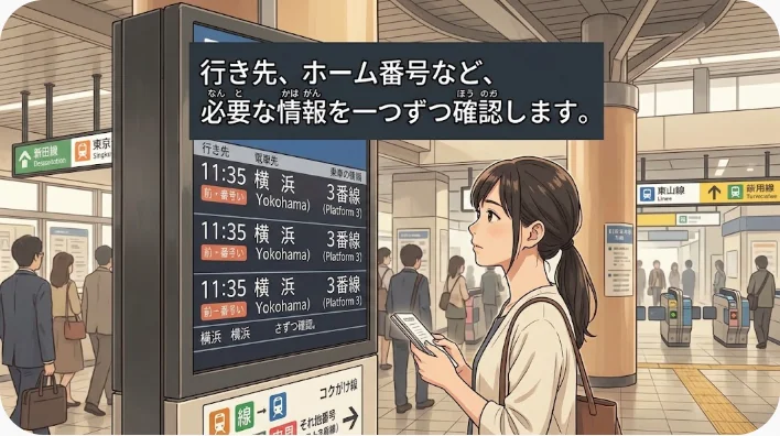 駅の改札付近で英語を使って駅員に乗り場を尋ねる日本人旅行者