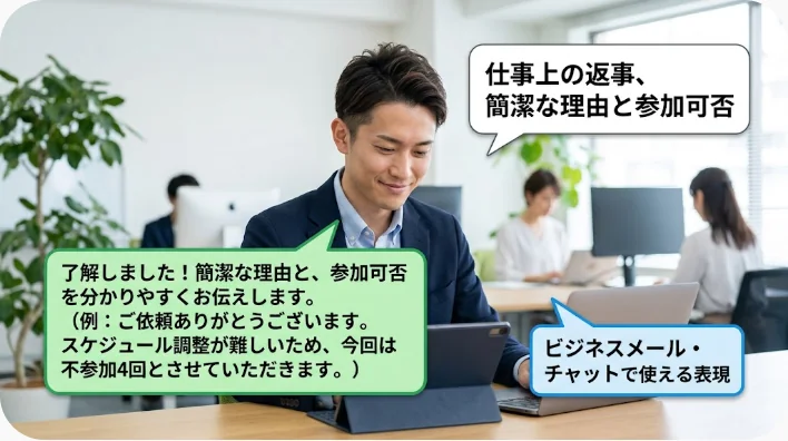 同僚から仕事後の食事に誘われて丁寧に返事をする成人学習者