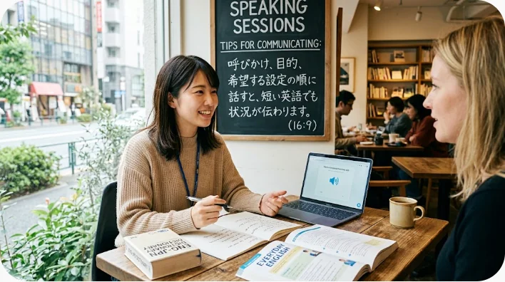 コピー機の画面を指しながら店員に英語で質問する学習者