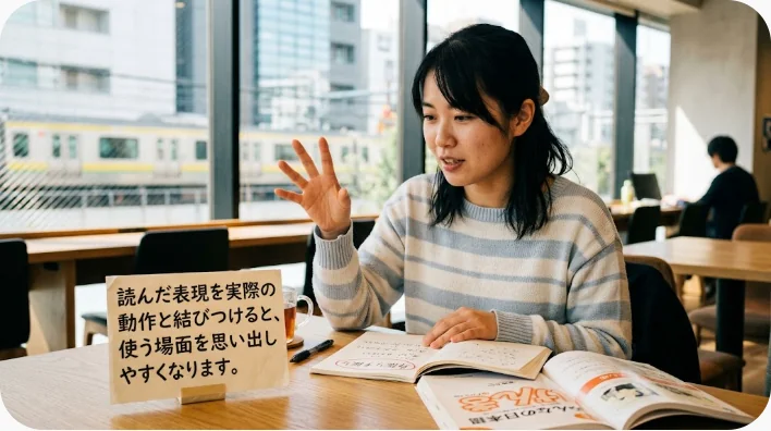 自宅のキッチンで英語レシピを読みながら調理表現を発音する学習者