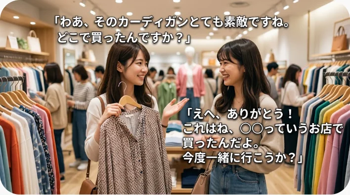 洋服店でコートを見ながら英語で服装を褒め合う学習者と店員