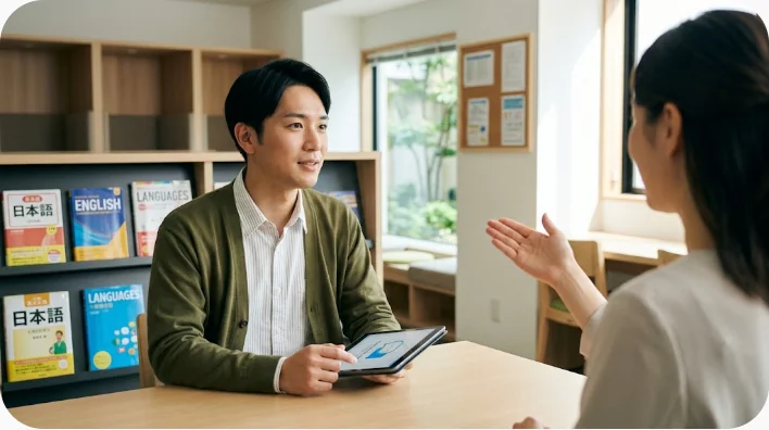 受付担当者が海外からの来訪者をエレベーター方面の会議室へ案内する場面