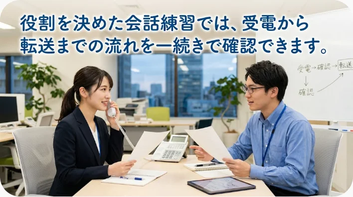 受付役と発信者役に分かれて英語の電話転送を練習する東アジア系の成人学習者