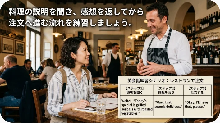 レストランで英語学習者が店員にメニューのおすすめを尋ねる場面