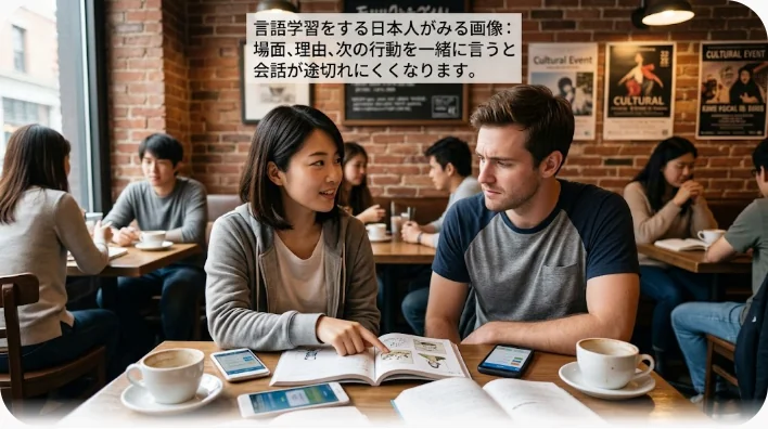 電話と旅行券を置いたカフェで自然な英会話を練習する二人
