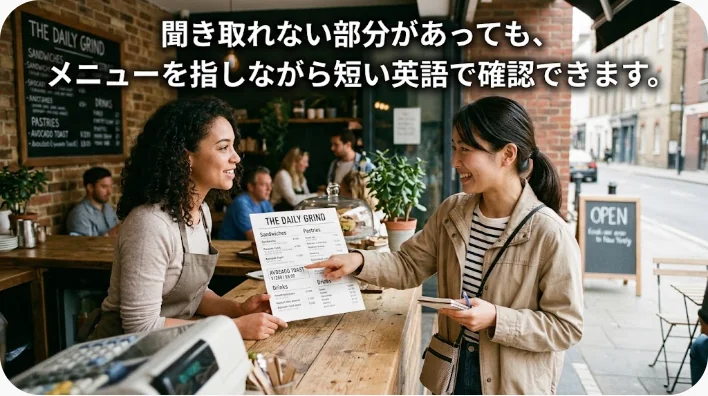 英語学習者がファストフード店でメニューを指しながら飲み物とサイドを注文する場面