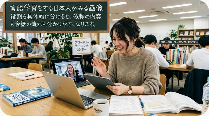 友人同士が掃除機がけと洗濯物たたみを分担している画像