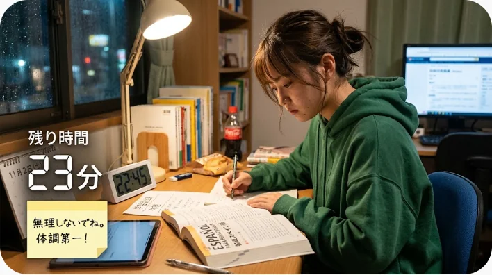 保護者が眠そうな学習者へ朝の支度を優しく促している様子