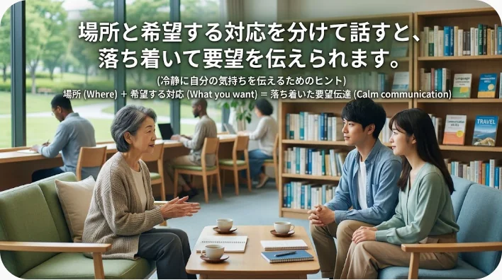 旅行者がホテルの受付で害虫の問題をスタッフへ伝えている場面