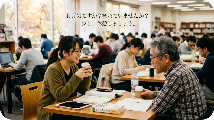 朝のキッチンで眠そうな日本人学習者と英語話者の同僚が会話する画像