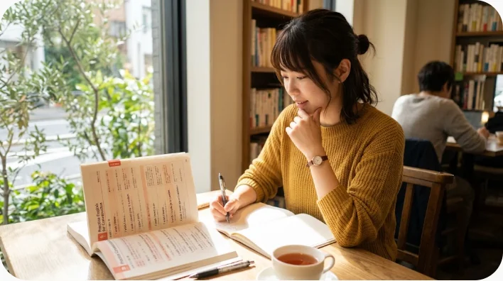 二人の英語学習者がI wishを使った会話練習をしている様子