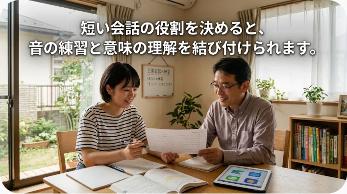 カフェで店員と日本人英語学習者が自然な英語の会話をしている場面