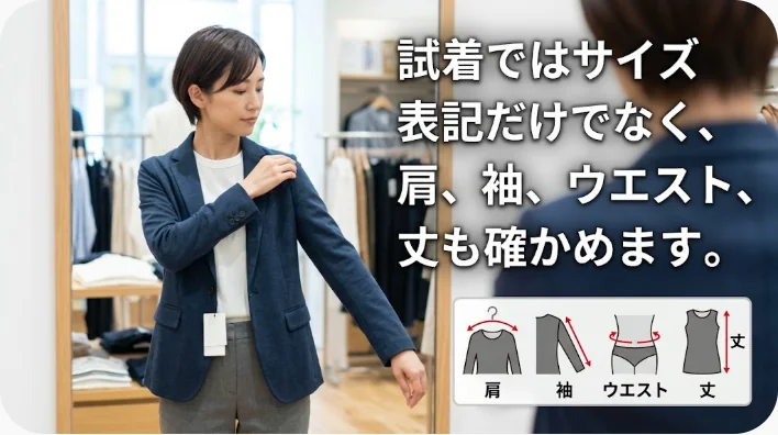 試着室の鏡の前でジャケットを試着し店員から別サイズを受け取る様子