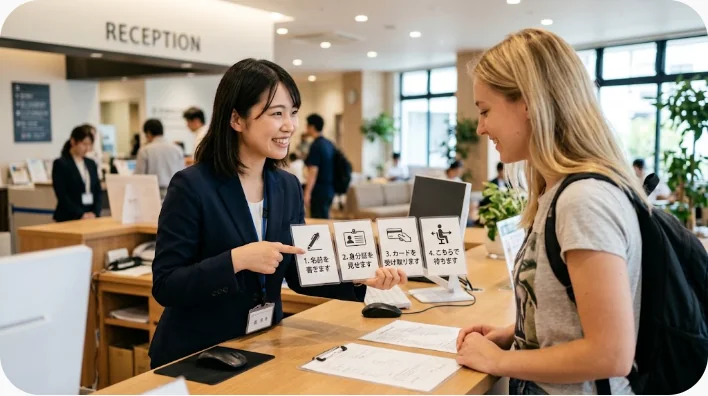 海外の診療所の受付で手首の怪我を説明する英語学習者