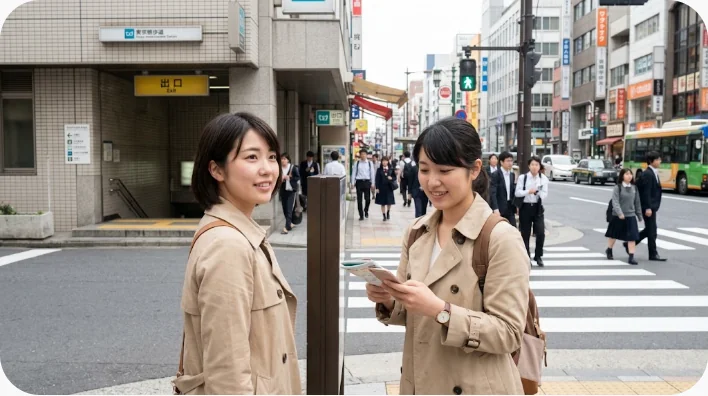 日本の駅前で学習者が英語で道を尋ね、案内役が出口の方向を示している様子