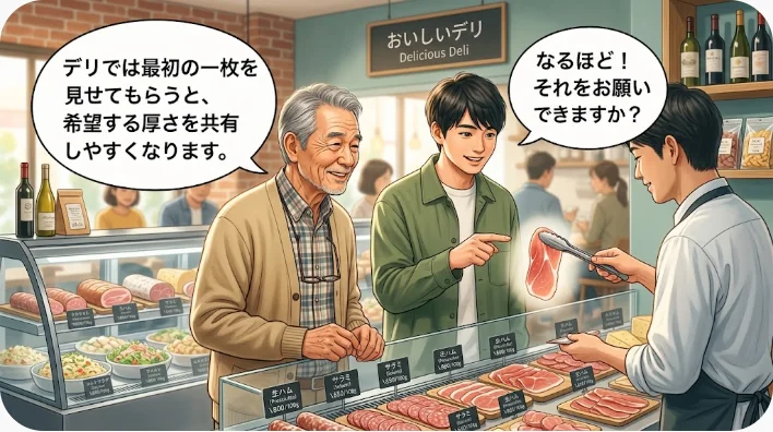 北米のスーパーのデリでターキーの量とスライスの厚さを店員に伝える英語学習者