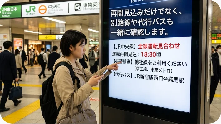 運行トラブル時に旅行者が駅員へ代替ルートを尋ねている駅の案内カウンター