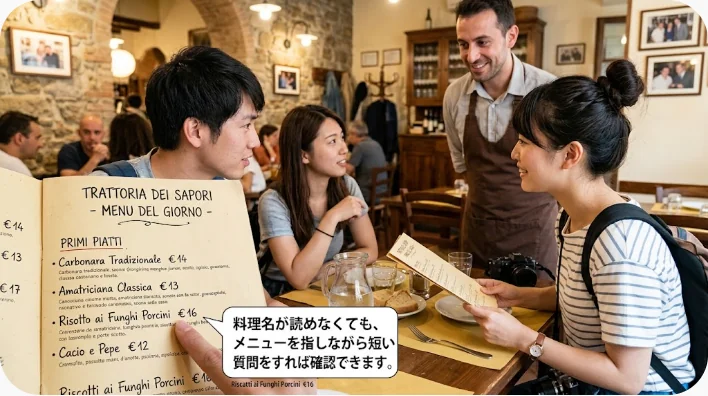 旅行者がレストランのメニューを指しながら店員に料理の内容を尋ねている様子