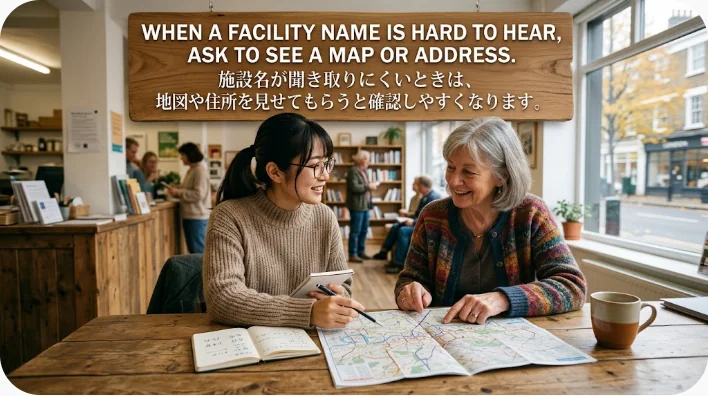 日本の駅付近で地図を確認しながら英語で道案内をする学習者と旅行者