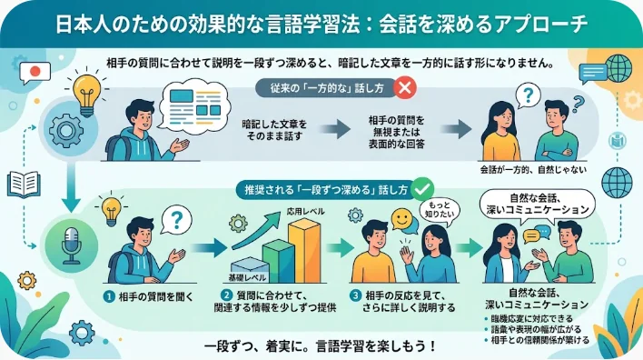 展示会で会社の製品と担当業務について英語で会話する日本人担当者と海外の取引先