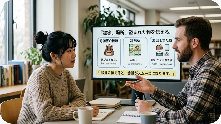 警察の受付で旅行者が財布の盗難について落ち着いて説明している場面